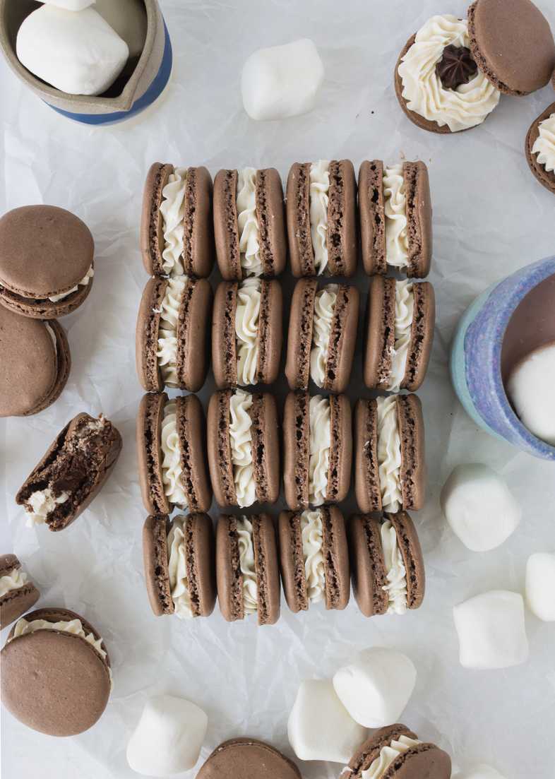 Hot Cocoa Macarons with Chocolate & Marshmallow Filling